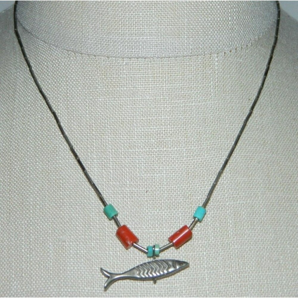 VTG Southwest Tribal Liquid Sterling Silver Fetish Fish Coral Turquoise Necklace